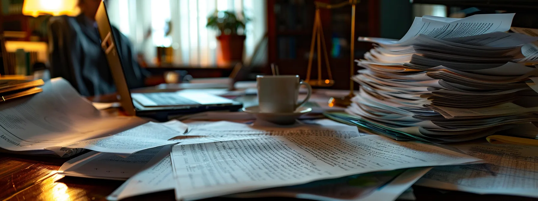 a person sitting at a desk surrounded by legal documents, a laptop, and a cup of coffee, preparing diligently to protect their rights and maximize compensation after a car accident in texas.