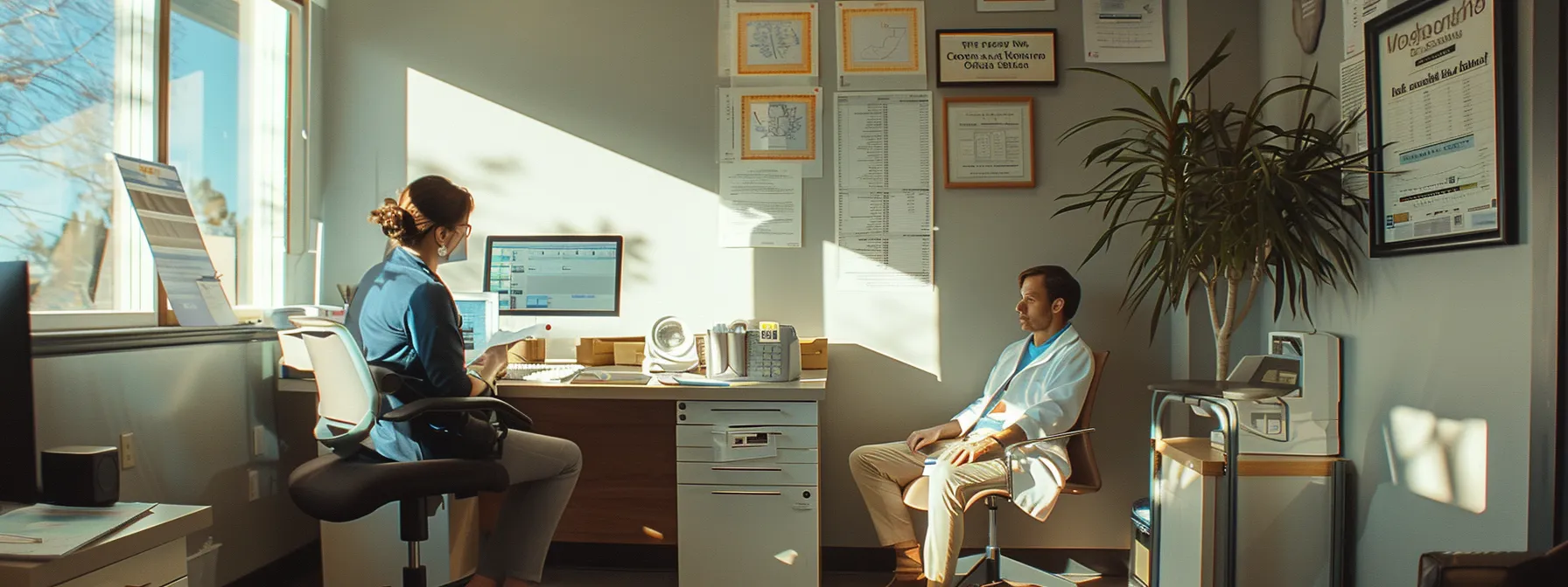 a person sitting in a well-lit doctor's office, surrounded by medical records and charts, while consulting with a specialist about their injuries.