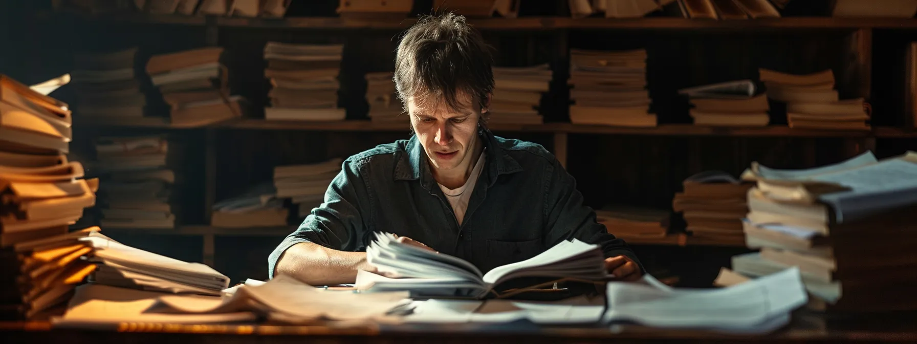 a person studying legal documents with a determined expression, surrounded by stacks of paperwork and law books, emphasizing the complexity of texas car accident laws and regulations.