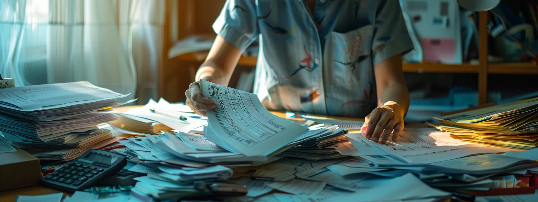 a person surrounded by piles of paperwork, calculators, and charts, carefully assessing medical expenses and future care needs after a truck accident in texas.