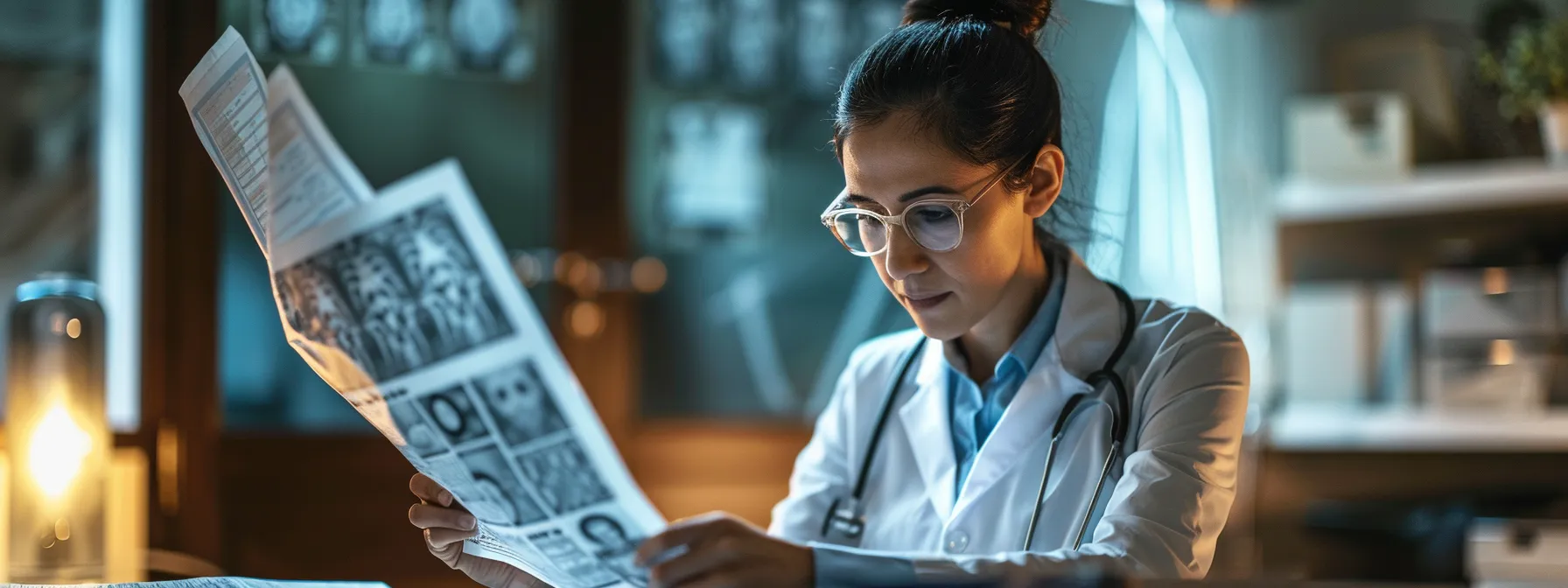 a person with a serious expression, reviewing a detailed medical report, surrounded by paperwork and x-rays.