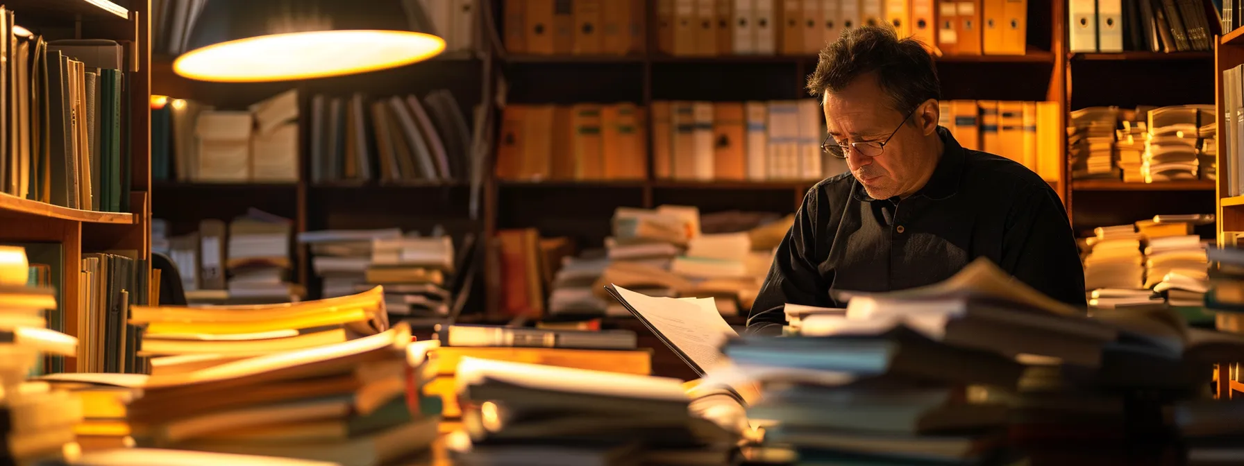 a personal injury attorney carefully analyzing evidence and legal documents in a dimly lit office, surrounded by stacks of case files and law books.