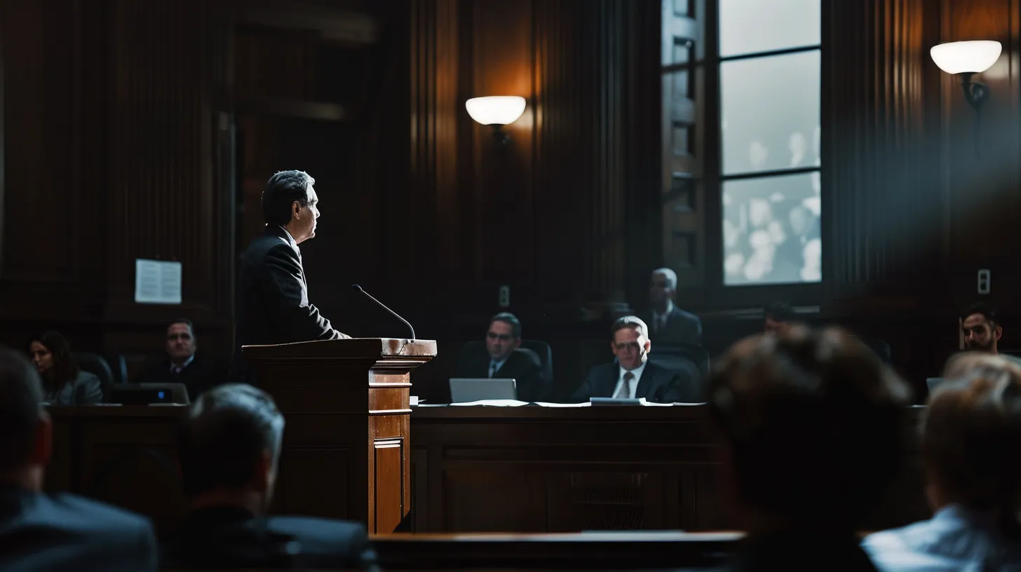 a powerful courtroom scene captures a determined auto accident lawyer passionately presenting compelling evidence, with a backdrop of dramatic lighting highlighting key documents and supportive witness testimonies.