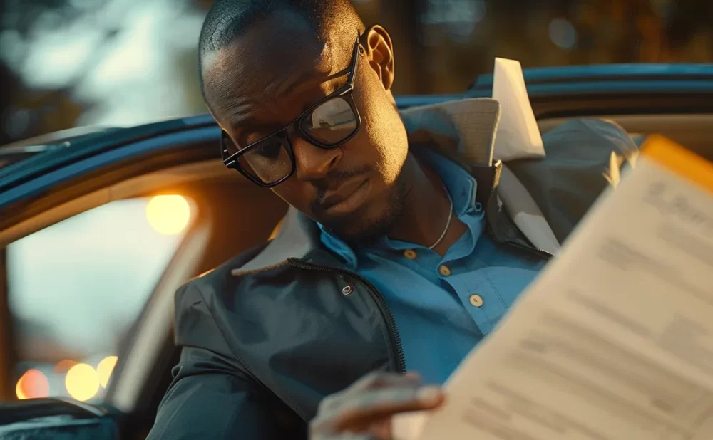 a rideshare driver leaning against their car, confidently looking over a stack of insurance papers.