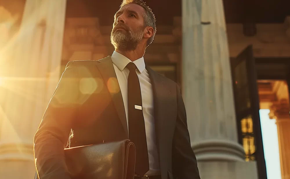 a serious-looking lawyer holding a briefcase standing in front of a courthouse, exuding confidence and professionalism.