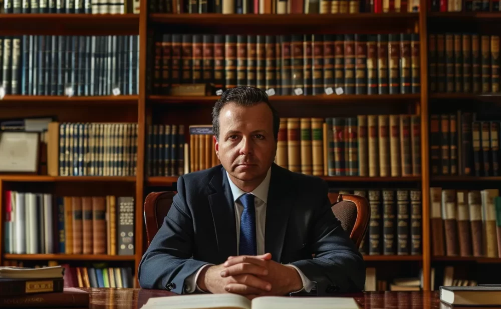 a solemn lawyer sitting at a desk, framed by shelves of legal books, offering compassion and expertise to a grieving family.