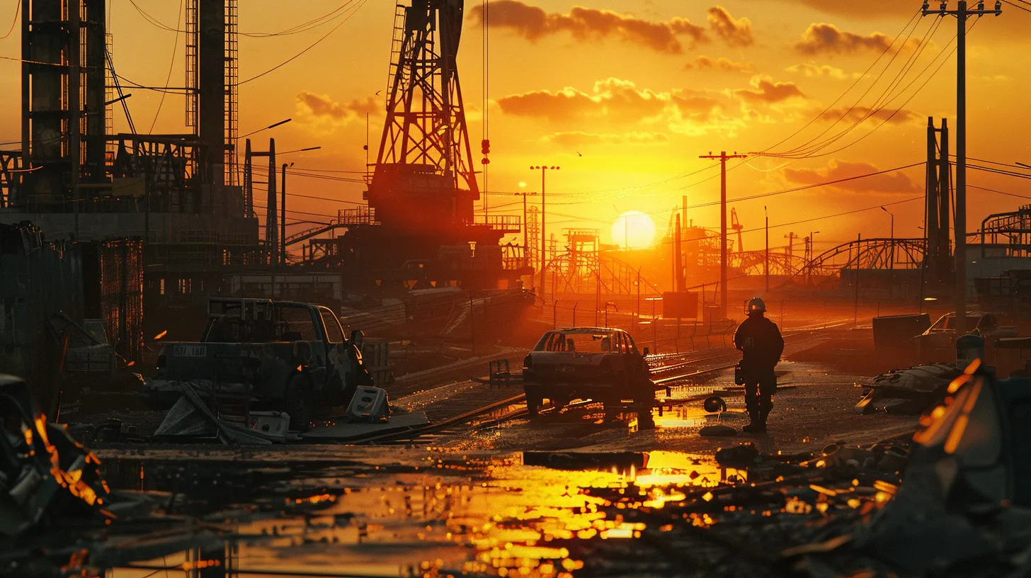 a somber and impactful scene captures an oilfield worker standing amid towering machinery, with the rugged landscape of an oilfield framed by a dramatic sunset that symbolizes the resilience and challenges faced in the aftermath of an accident.