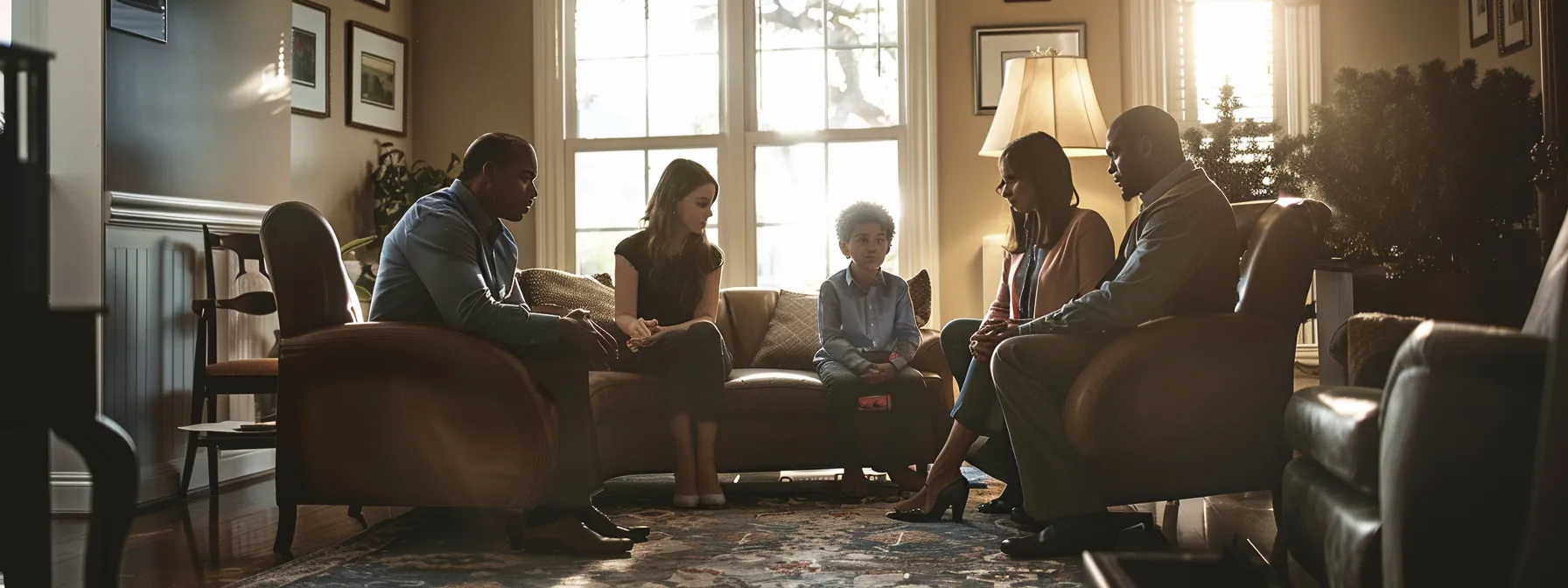 a somber family meeting with a compassionate wrongful death lawyer in a san diego law office, discussing legal options and seeking justice.