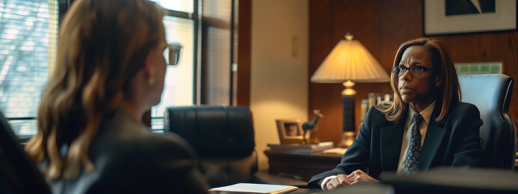 a somber yet determined individual sits across from a compassionate and experienced wrongful death lawyer in a well-lit office, discussing their case.