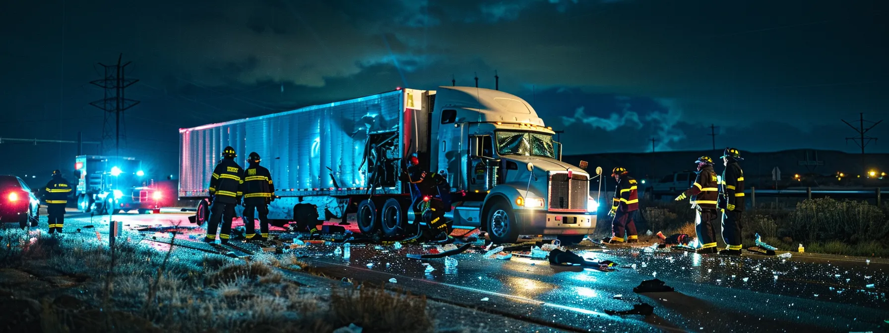 a truck accident scene with emergency responders providing medical care, while law enforcement officers collect evidence and insurance adjusters assess the damage.