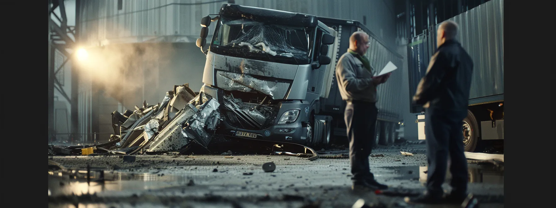 a truck driver standing next to a damaged vehicle, with a legal document in hand, surrounded by representatives from the transportation company and the vehicle manufacturer, emphasizing the complexity of determining liability in truck accidents.