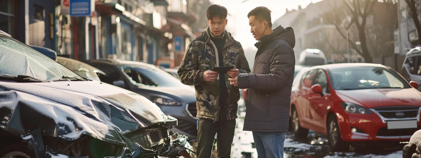 two drivers standing beside their damaged cars, exchanging insurance information with a sense of urgency and attentiveness.