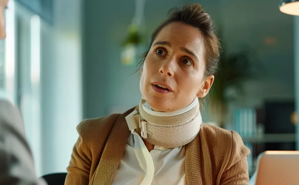 a woman in a neck brace surrounded by legal documents and a laptop, talking to a lawyer in a modern office setting.