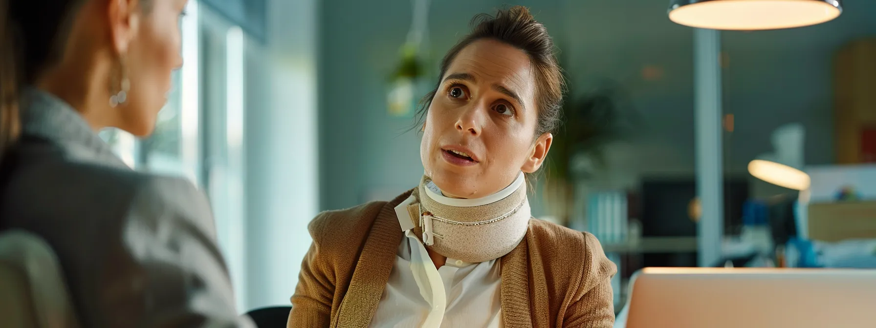 a woman in a neck brace surrounded by legal documents and a laptop, talking to a lawyer in a modern office setting.