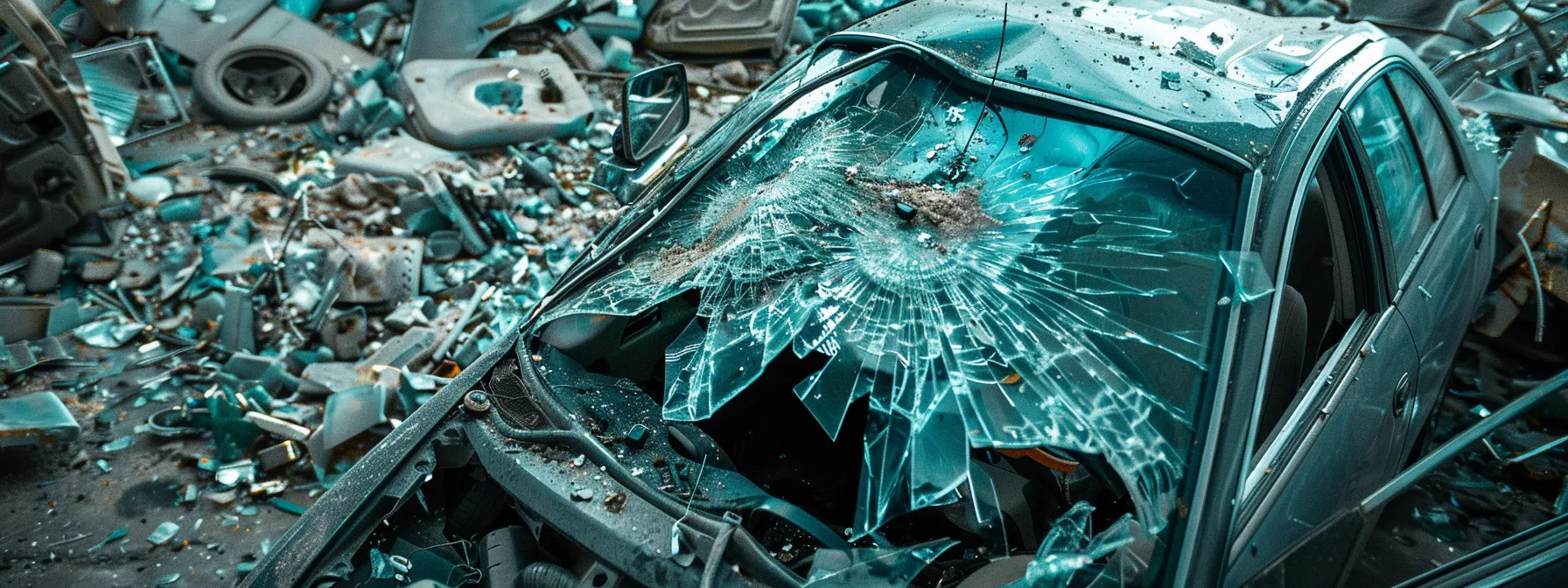 a wrecked car surrounded by shattered glass and debris, illustrating the aftermath of a dui accident in corpus christi.