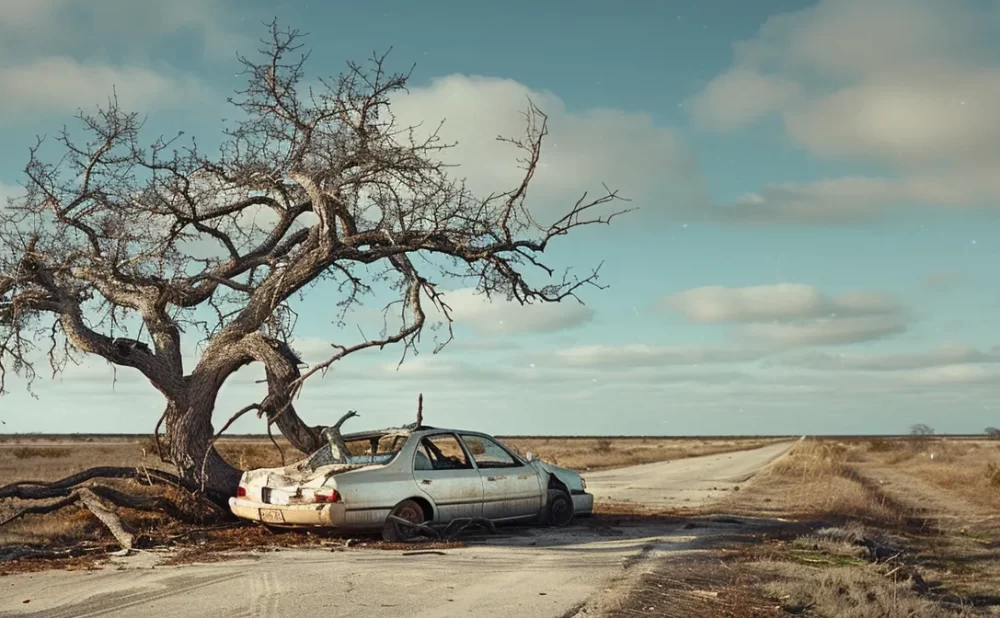 a wrecked car wrapped around a tree on a deserted road in texas.