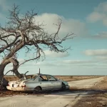 a wrecked car wrapped around a tree on a deserted road in texas.