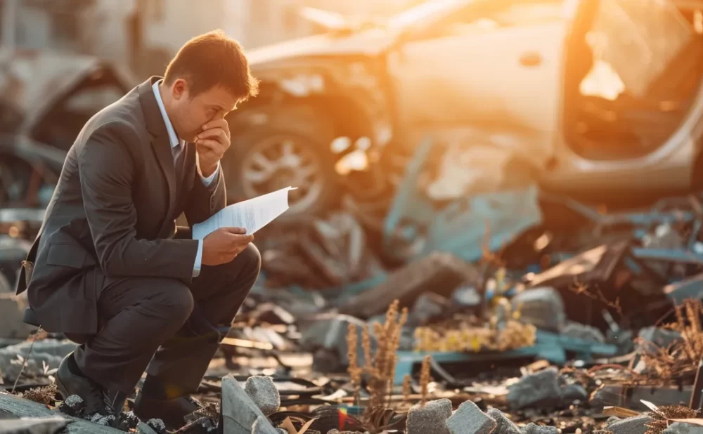 a determined lawyer examining car wreckage at the accident scene.