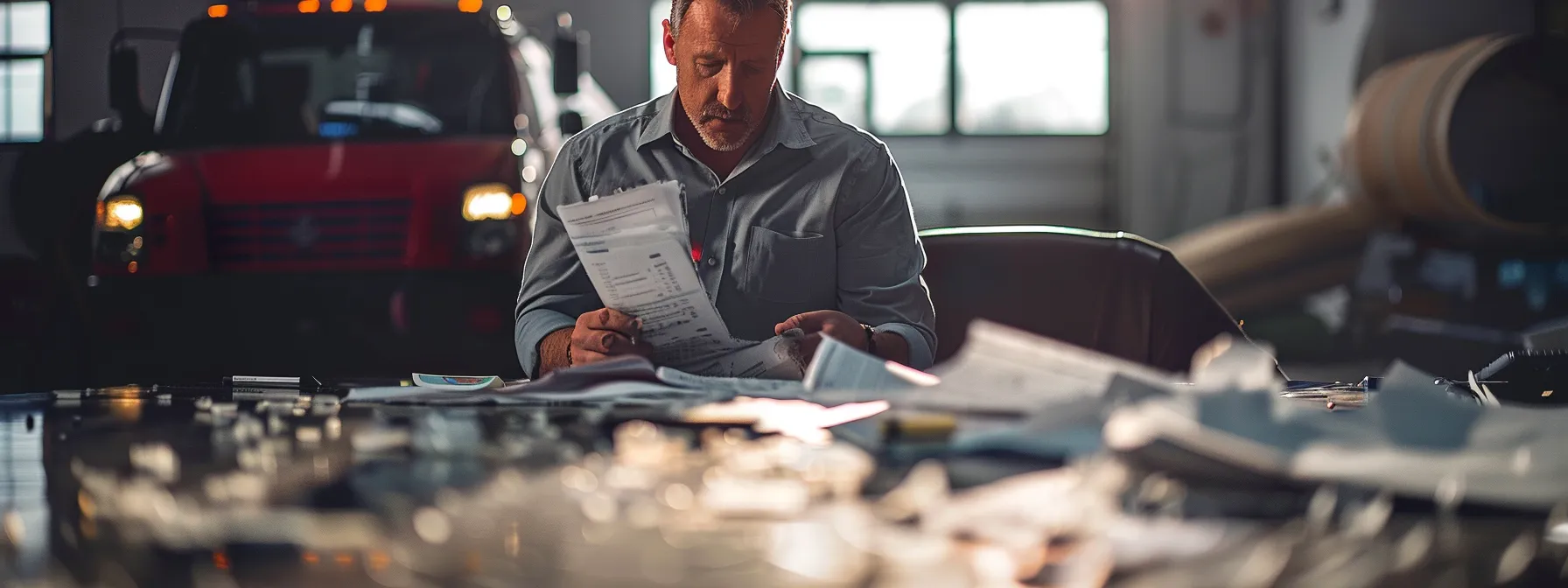 a focused truck accident victim stands surrounded by medical records, details of the crash, and a dedicated lawyer, highlighting the pursuit of compensation.