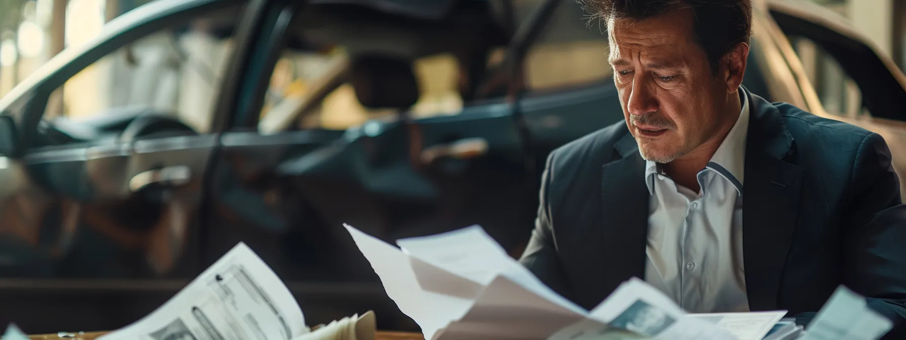 a focused and determined car wreck lawyer reviewing intricate legal documents with a stack of medical bills in hand, determined to secure maximum compensation for their client's health care expenses.