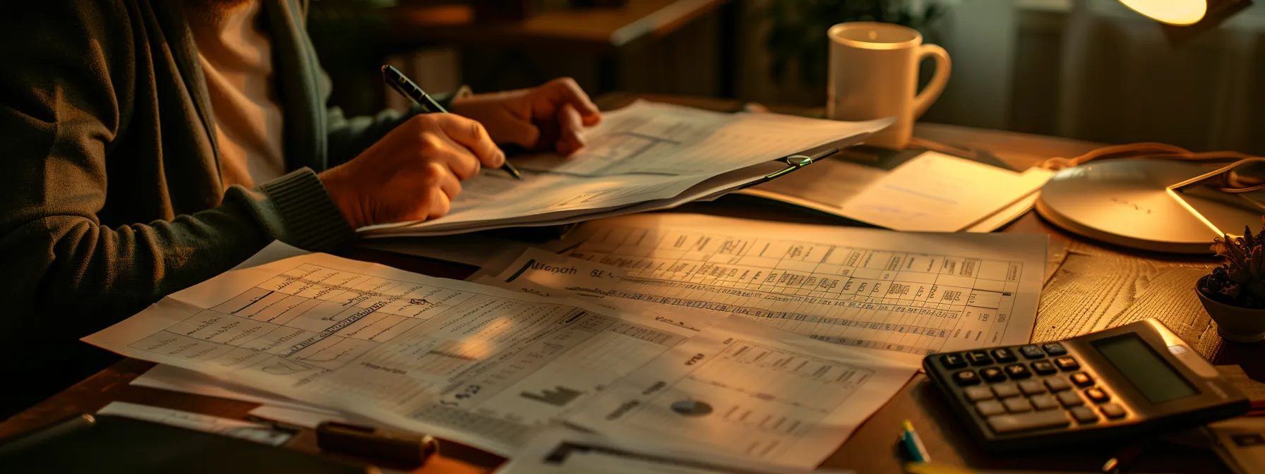 a person reviewing a detailed spreadsheet with categories for medical expenses, lost wages, pain and suffering, and property damage, surrounded by files and a calculator on a desk.