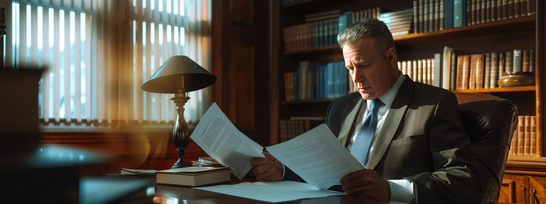 a focused and determined crash lawyer reviewing case files in a well-lit office, ready to provide expert legal support for car accident victims.