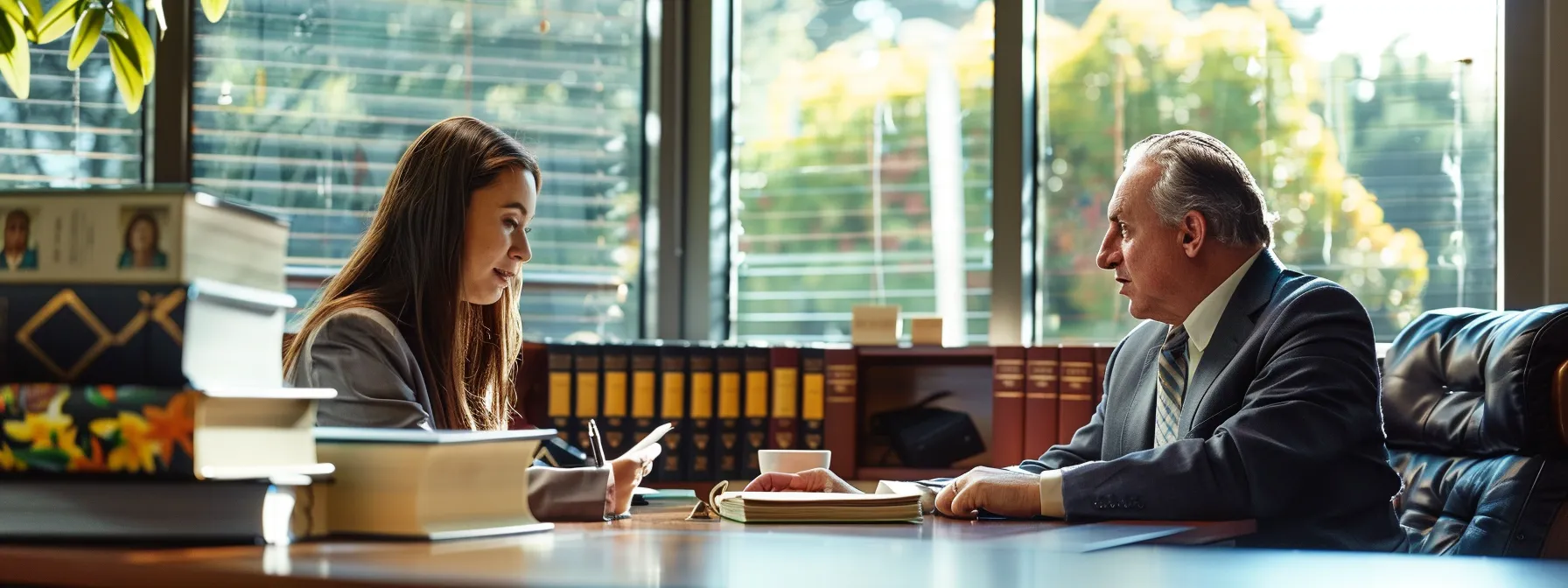 a compassionate attorney consulting a client in los angeles office, surrounded by legal books and truck accident case files.