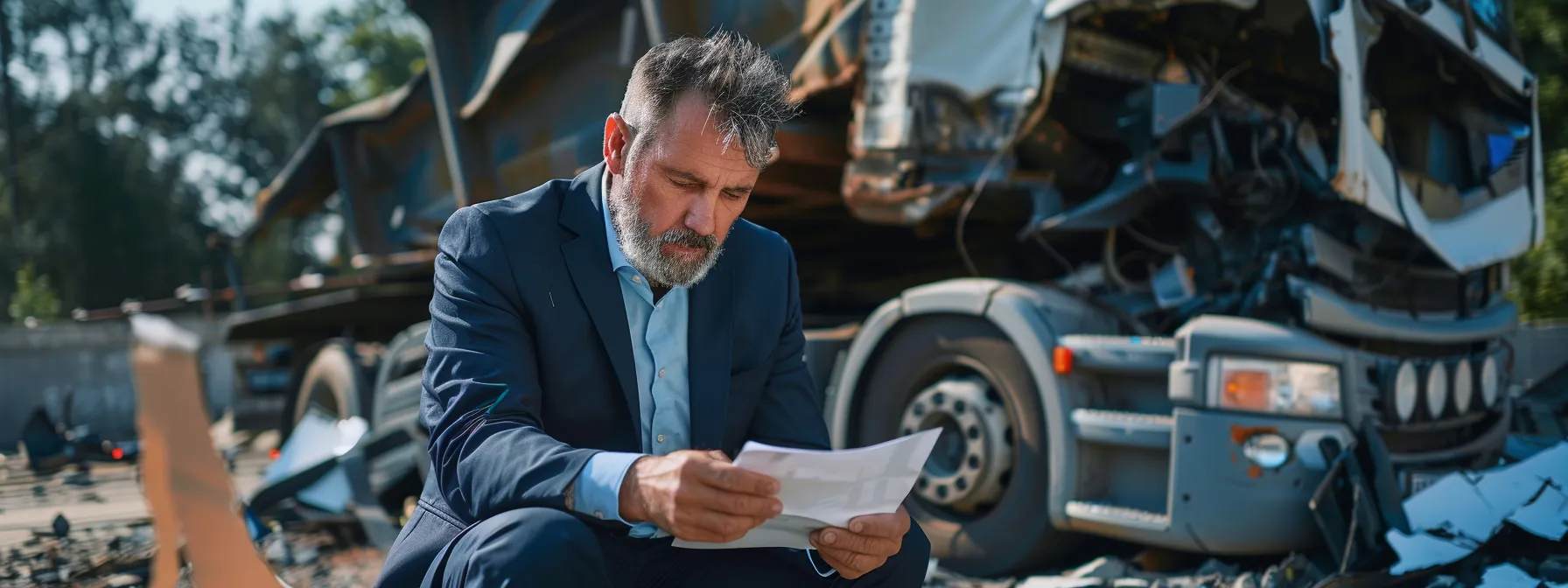 an image of a determined truck accident attorney meticulously reviewing witness statements and negotiating with insurance adjusters to ensure justice for victims.