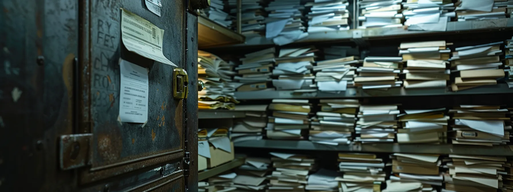 a photo of a locked metal safe filled with neatly organized stacks of accident-related documents and receipts, symbolizing the fortress-like protection of crucial evidence in a legal case.