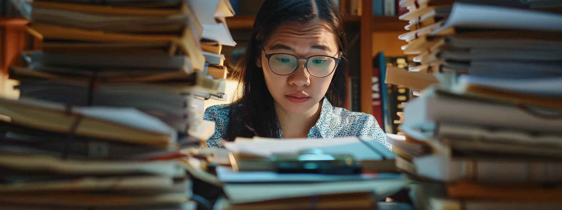 a focused, determined individual browsing through legal directories and testimonials on a computer screen, surrounded by stacks of legal documents and resources.