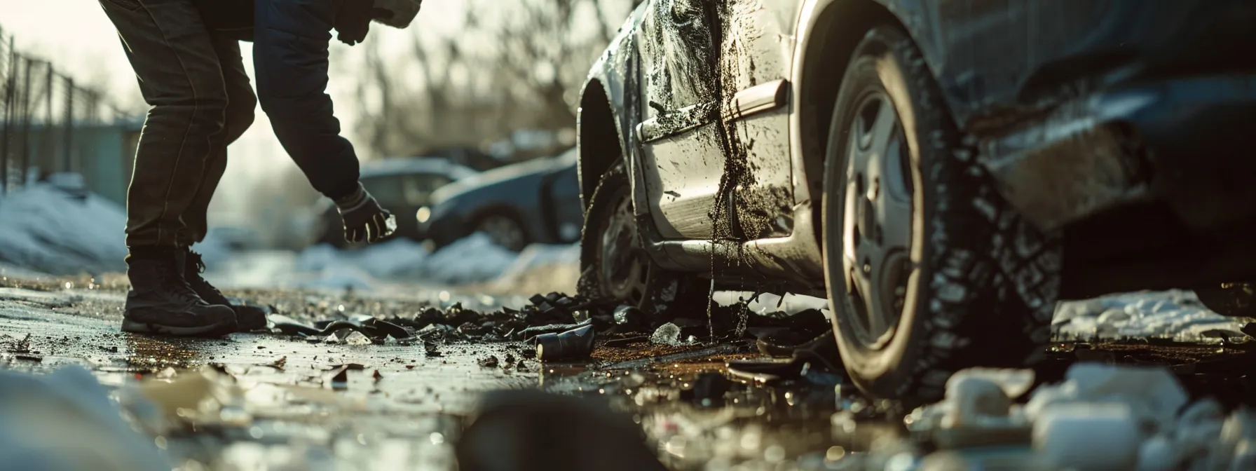 a person gathering evidence at the scene of a car accident, carefully documenting the details with a sense of urgency and precision.