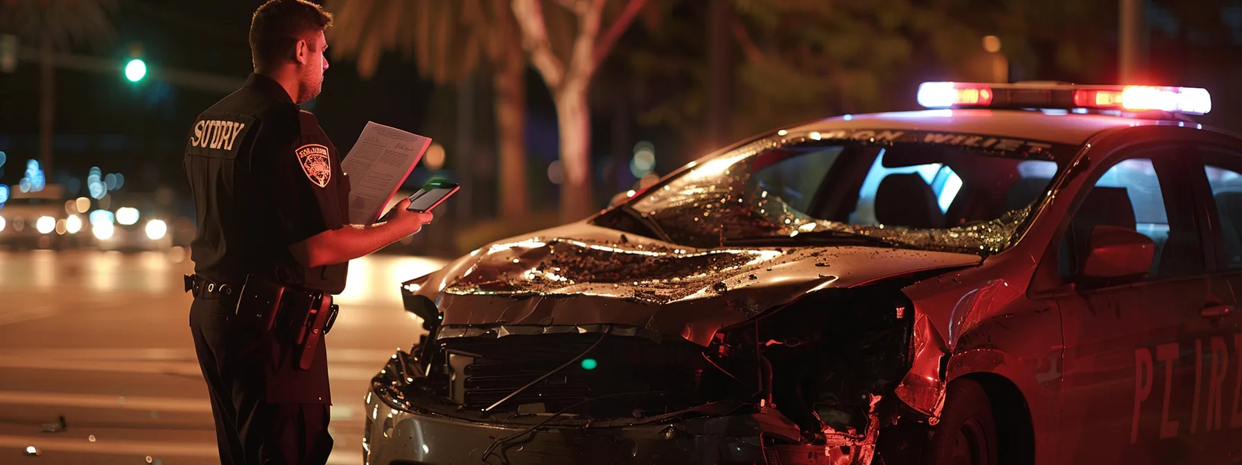 a passenger standing by the damaged car, speaking with law enforcement while holding a detailed accident report.