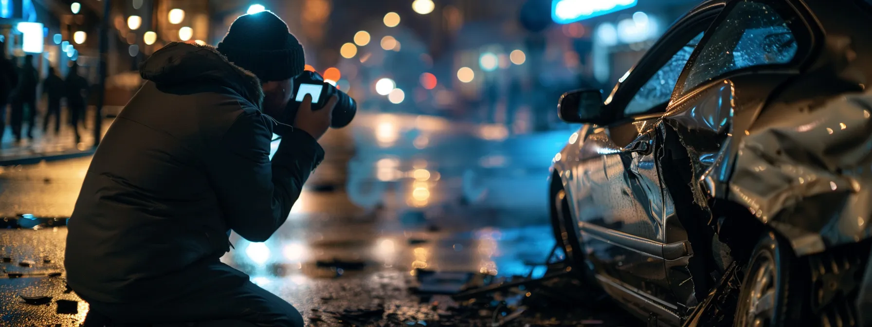 a person carefully documenting details of a car accident scene with a focused and determined expression.