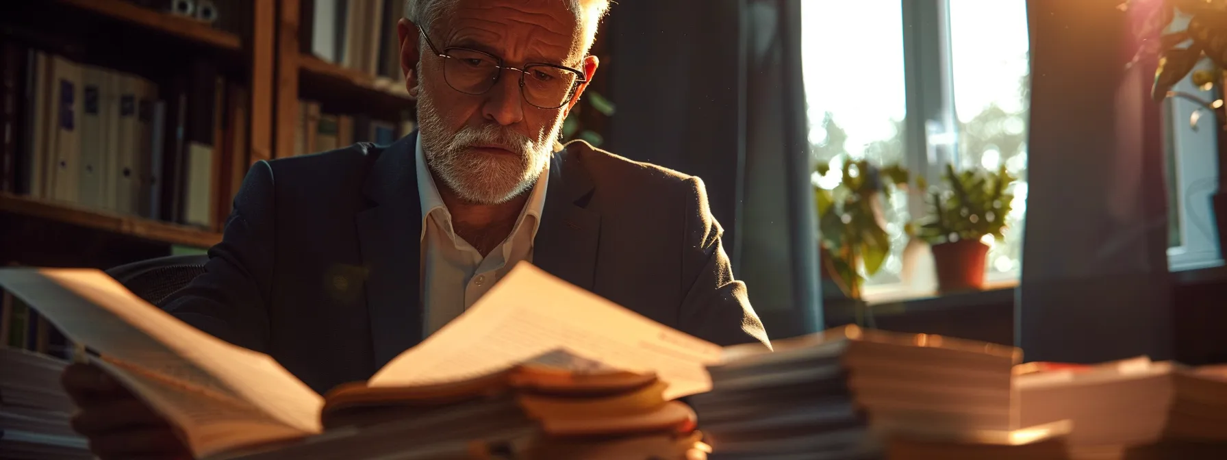 a serious lawyer reviewing a stack of documents at a meeting table.