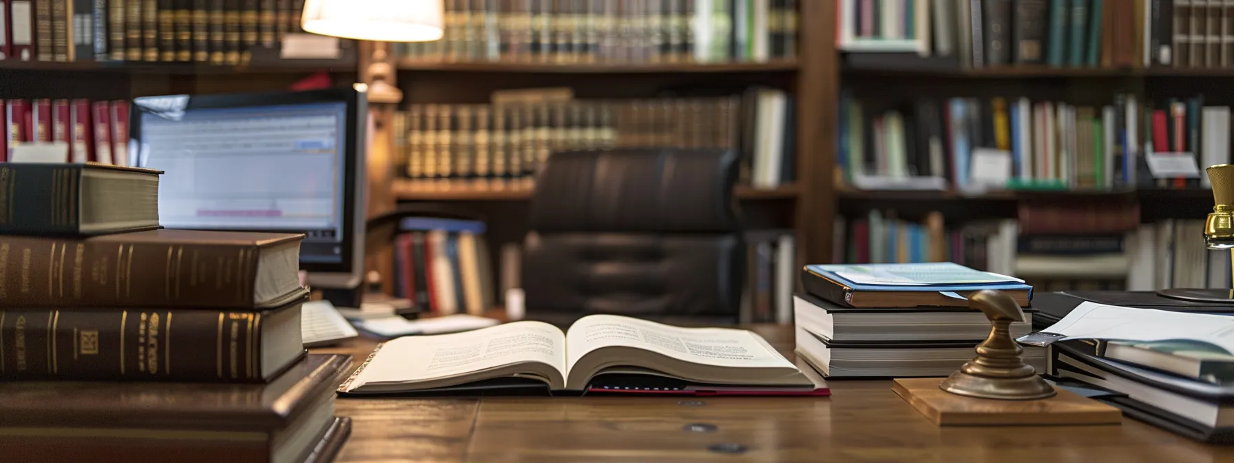 an attorney's office desk cluttered with legal books and a computer screen showing positive client testimonials, highlighting expertise and success in handling auto accident cases.