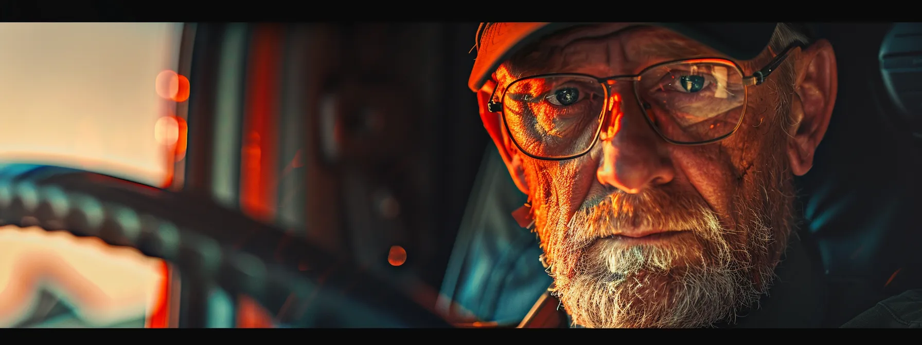 a stern-faced truck driver reporting a violation to the department of transportation, with a sense of duty and responsibility in his eyes.