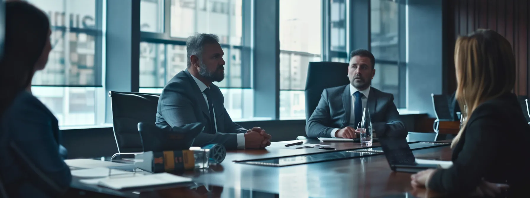 a group of lawyers discussing car accident cases in a modern law office.