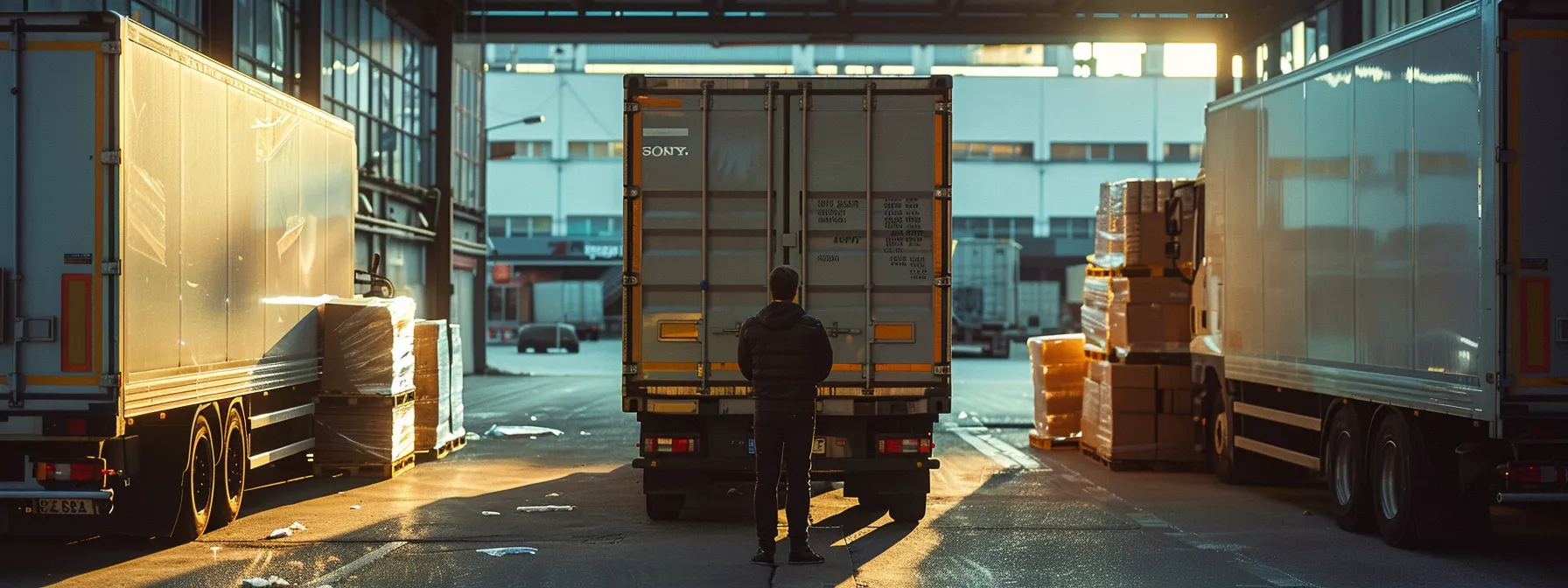 a person standing confidently next to a sleek, powerful trailer truck, surrounded by stacks of paperwork and brochures, ready to make the final purchase decision.