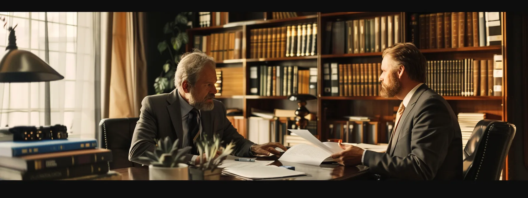 a confident attorney discussing legal strategies with a client in a modern office, surrounded by shelves of law books and evidence folders.