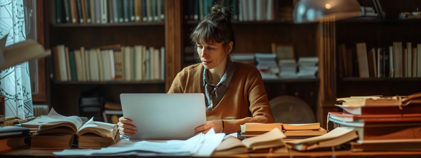 a determined individual sits at a desk with a stack of legal documents, surrounded by books and a laptop, preparing to maximize compensation with expert legal support.