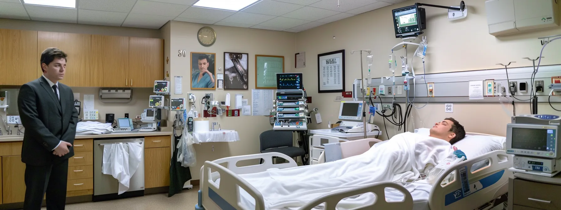 a person in a hospital bed, surrounded by medical equipment and a concerned lawyer, discussing legal representation after a serious accident.