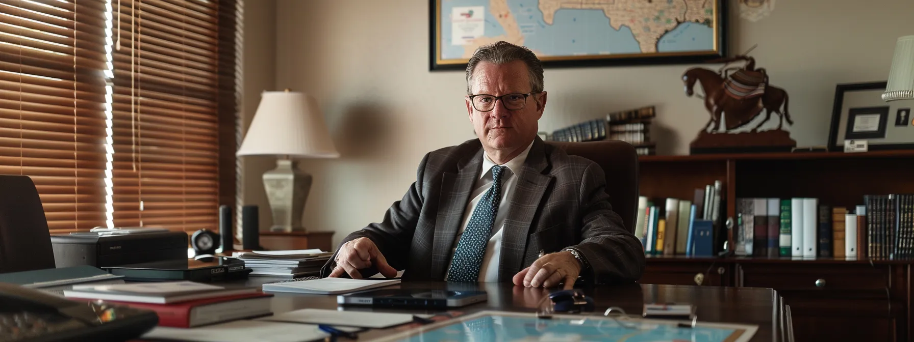 a focused lawyer in a sleek office, surrounded by legal documents and a texas map, engaging with a client over a conference call.