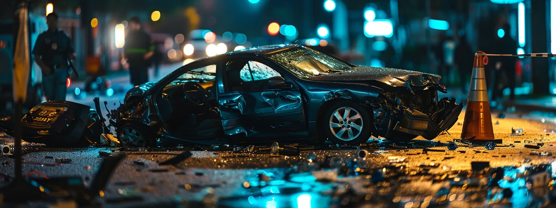 capture a detailed image of a damaged vehicle surrounded by evidence markers, witness statements, and personal notes at the scene of an auto accident.