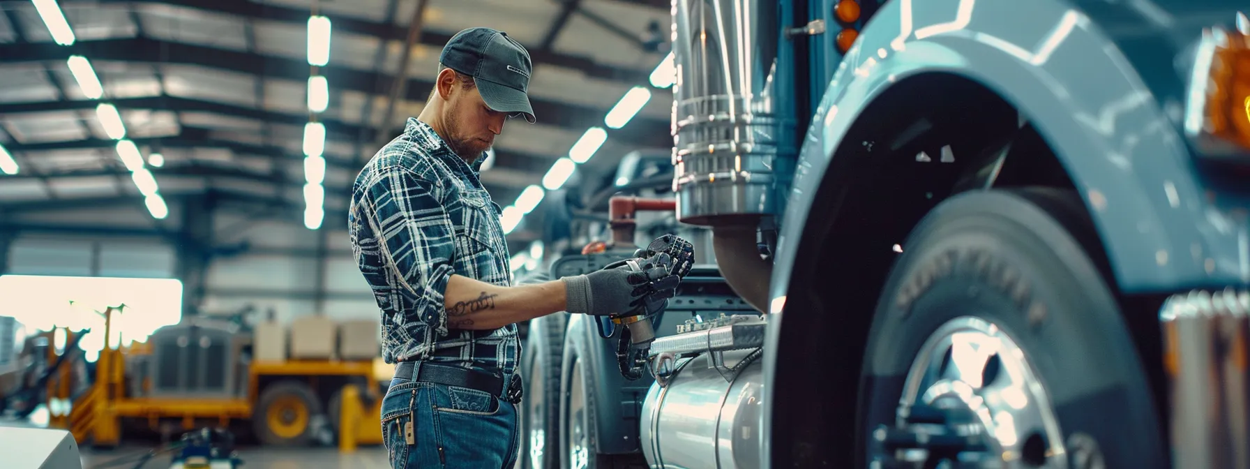 a mechanic carefully inspecting the well-maintained engine of a big rig truck in a clean and organized garage.