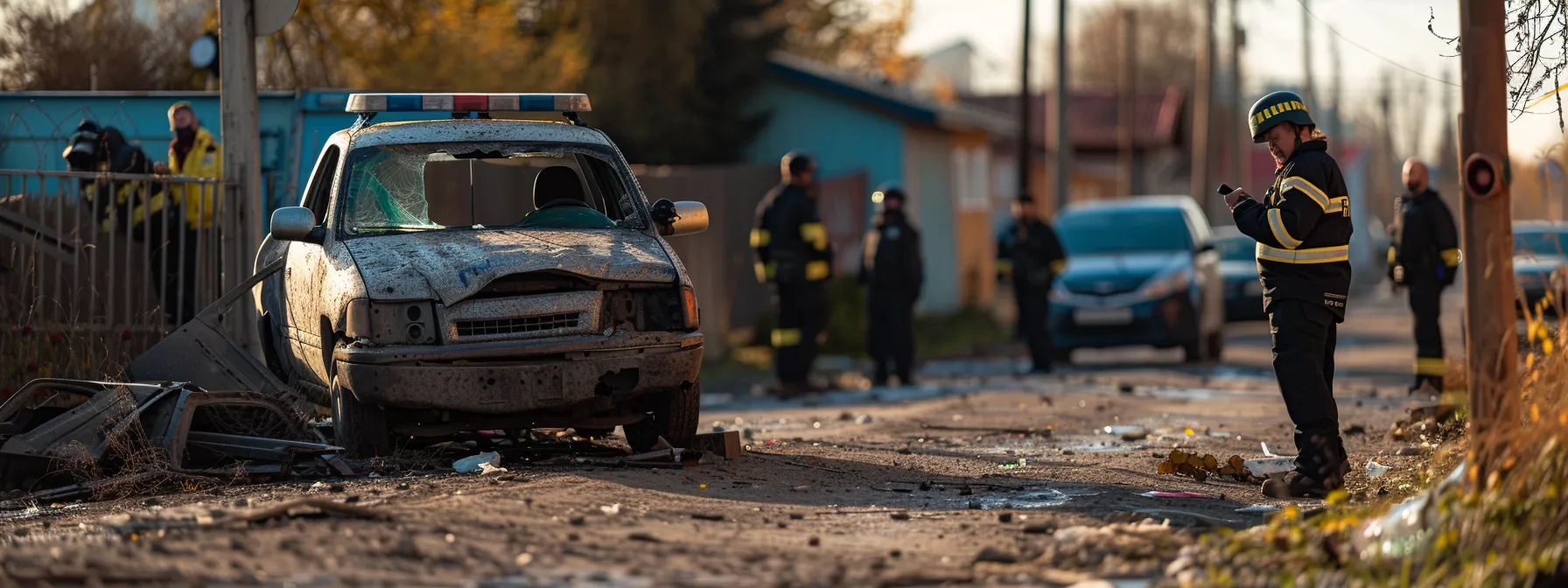 a person standing by a damaged truck, talking on the phone while police officers take notes in the background.