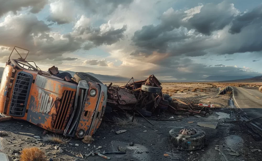 a mangled truck overturned on a deserted highway.