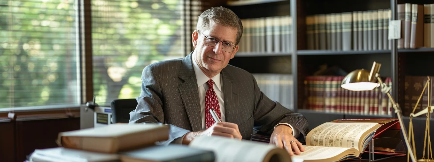 a local auto accident lawyer sitting at a desk, surrounded by law books and legal documents, offering personalized attention to a client.