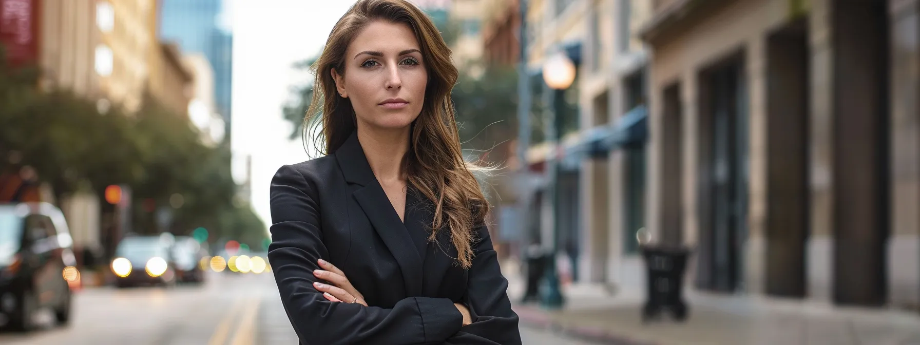 a determined lawyer standing confidently in a bustling city street, ready to navigate complex legal proceedings for car accident victims in dallas and houston.