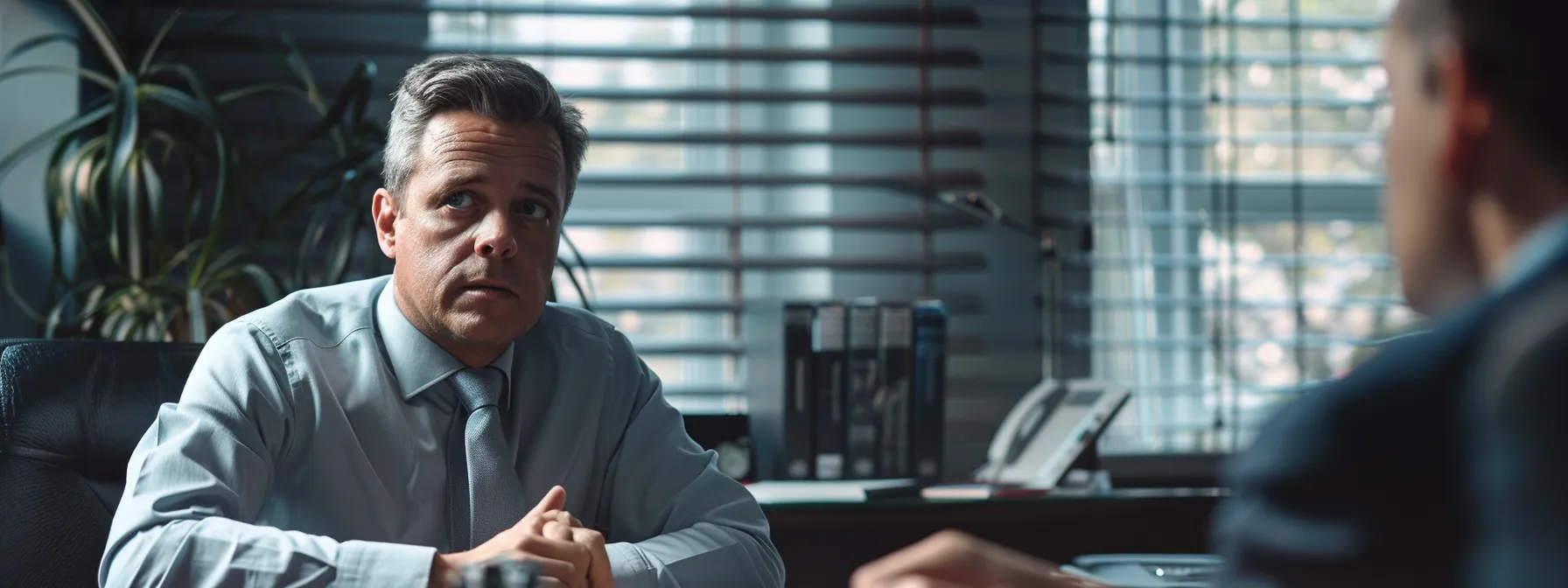 a serious-looking client sitting across a desk, intensely questioning a focused crash lawyer about their experience and fee structure in a sleek office setting.