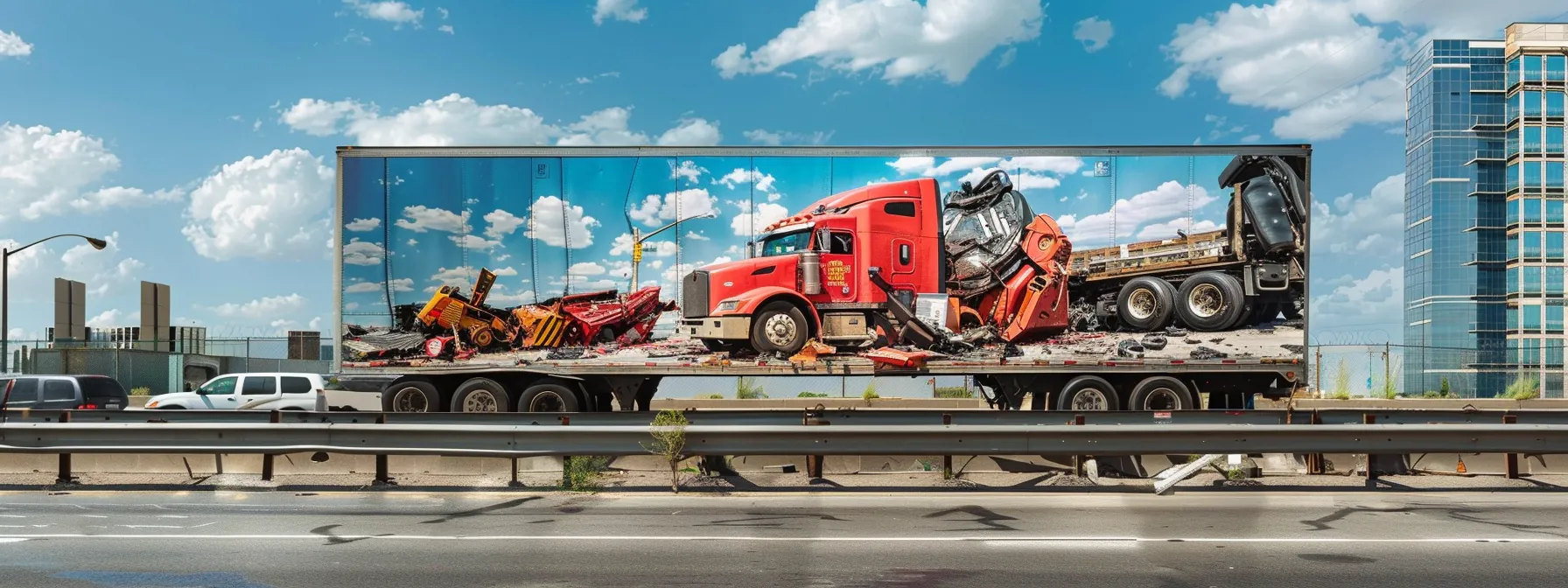 a billboard featuring a bold, attention-grabbing advertisement for a leading accident lawyer campaign, showcasing powerful visuals of a truck accident scene, social media icons, and respected legal figures.